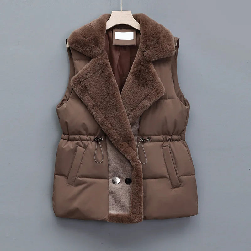 Women's Puffer Vest with Fluffy Collar & Drawstring Waist | Padded