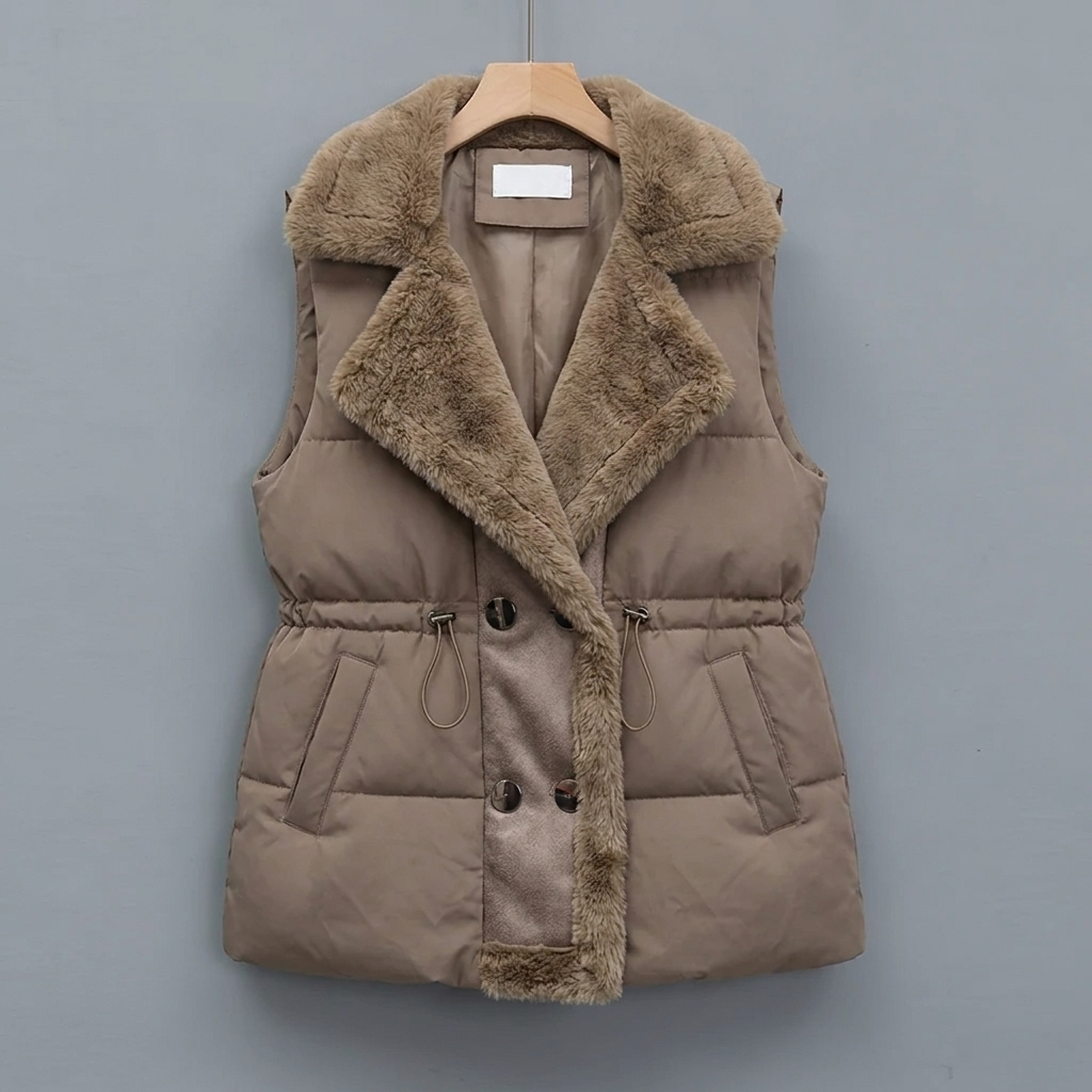 Women's Puffer Vest with Fluffy Collar & Drawstring Waist | Padded