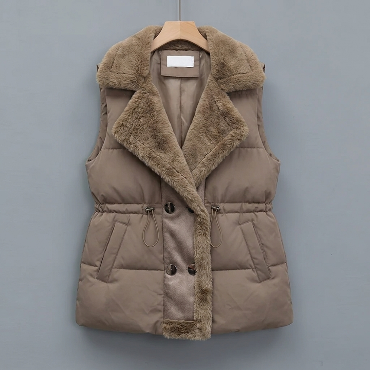 Women's Puffer Vest with Fluffy Collar & Drawstring Waist | Padded