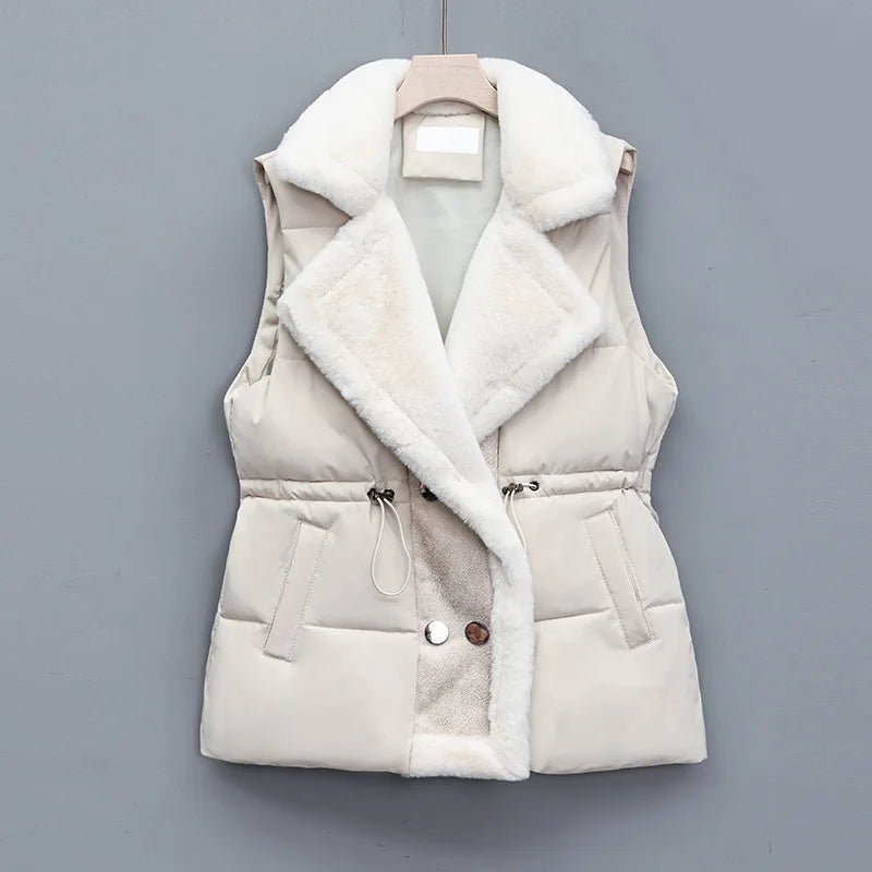 Women's Puffer Vest with Fluffy Collar & Drawstring Waist | Padded