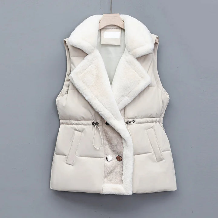 Women's Puffer Vest with Fluffy Collar & Drawstring Waist | Padded