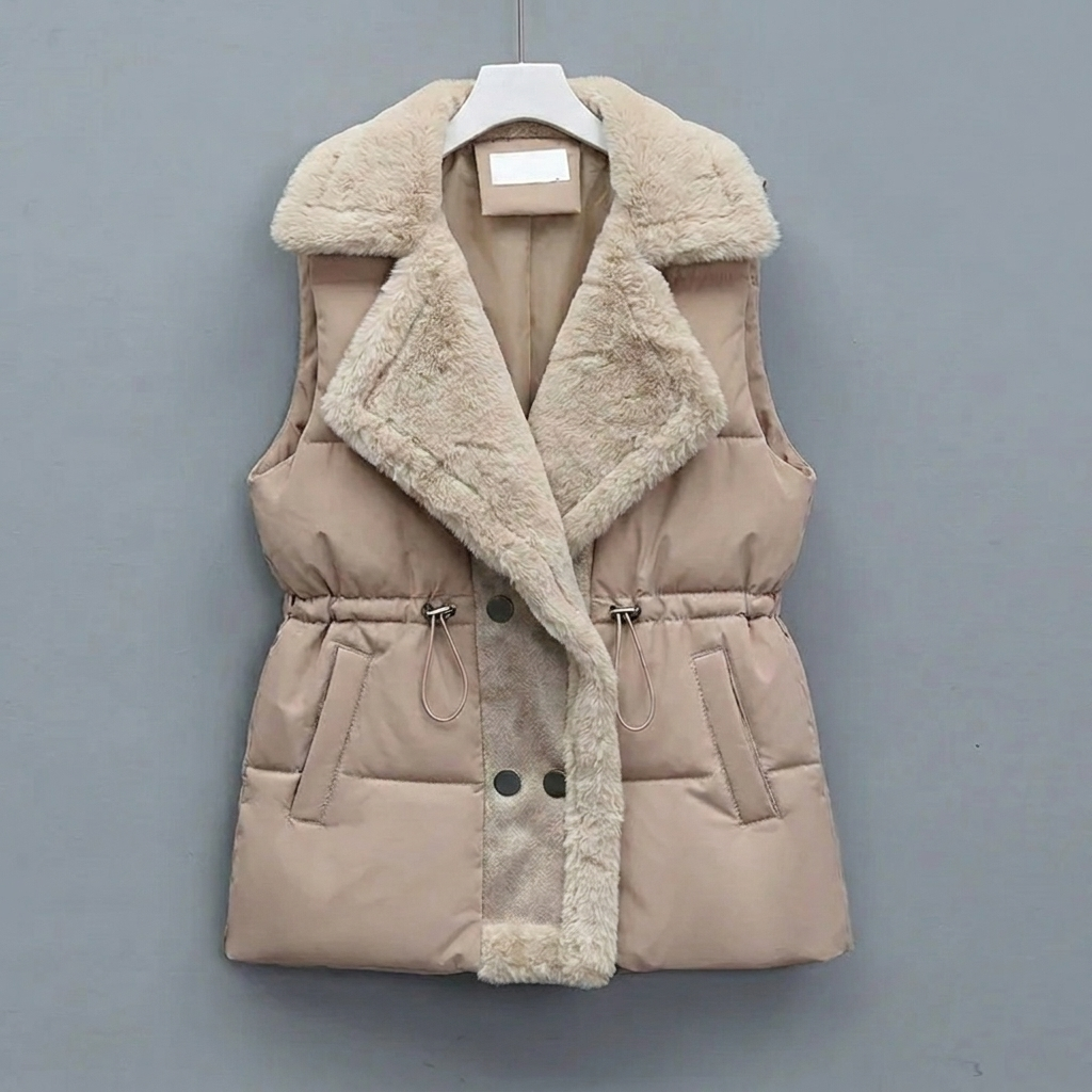 Women's Puffer Vest with Fluffy Collar & Drawstring Waist | Padded ...