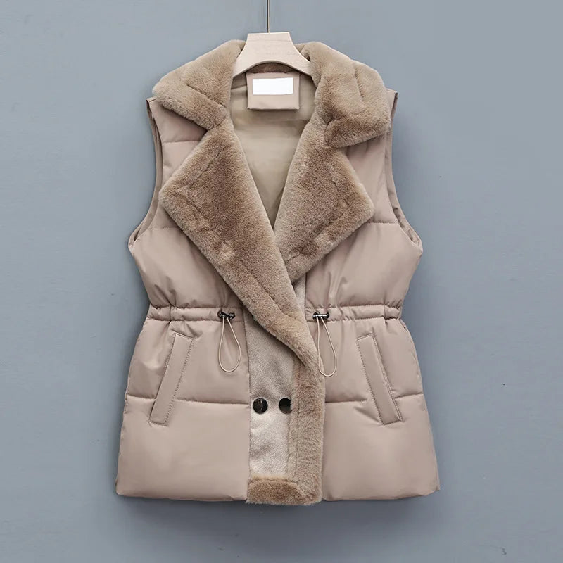 Women's Puffer Vest with Fluffy Collar & Drawstring Waist | Padded