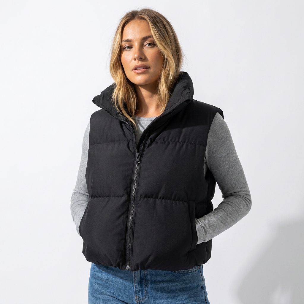 Women's Puffer Vest with Stand Collar | Cropped