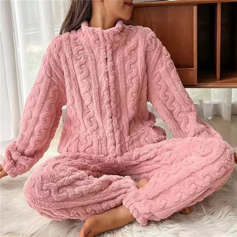 Women's Pyjamas Fluffy Zip-Up | Two-Piece Set