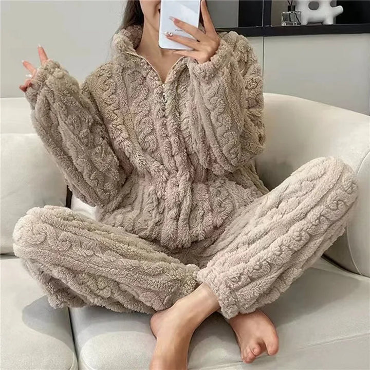 Women's Pyjamas Fluffy Zip-Up | Two-Piece Set