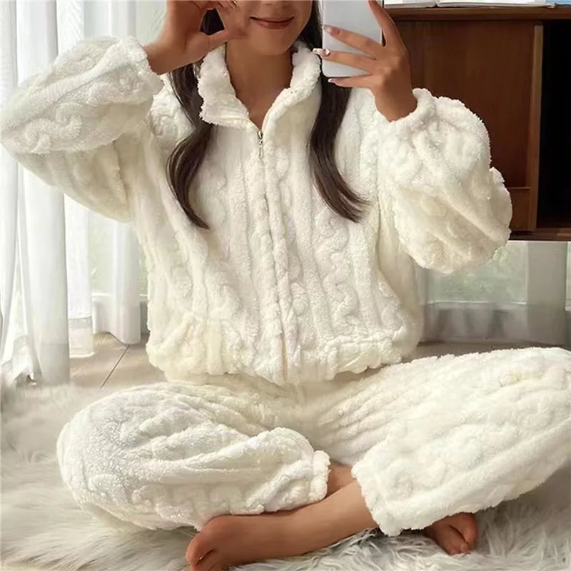 Women's Pyjamas Fluffy Zip-Up | Two-Piece Set