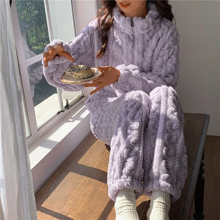 Women's Pyjamas Fluffy Zip-Up | Two-Piece Set