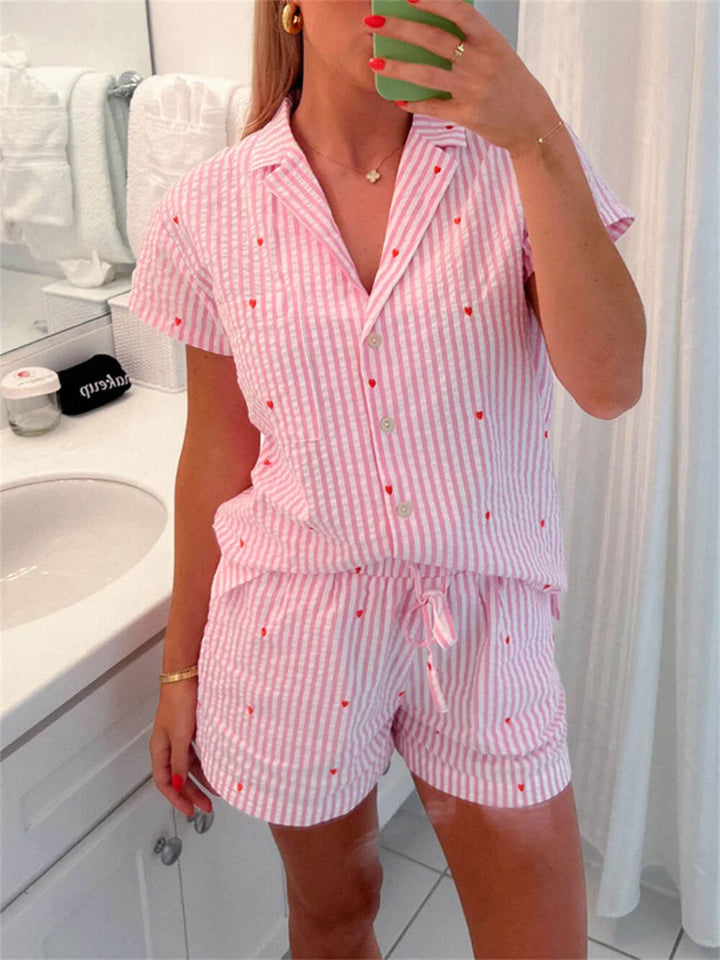 Women’s Pyjamas Set with Stripes & Hearts | Short Sleeve