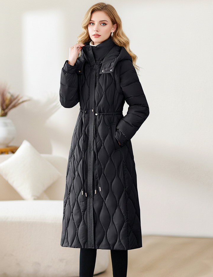 Women's Quilted Coat with Hood & Drawstring Waist | Detachable Sleeves