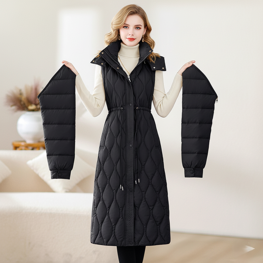 Women's Quilted Coat with Hood & Drawstring Waist | Detachable Sleeves