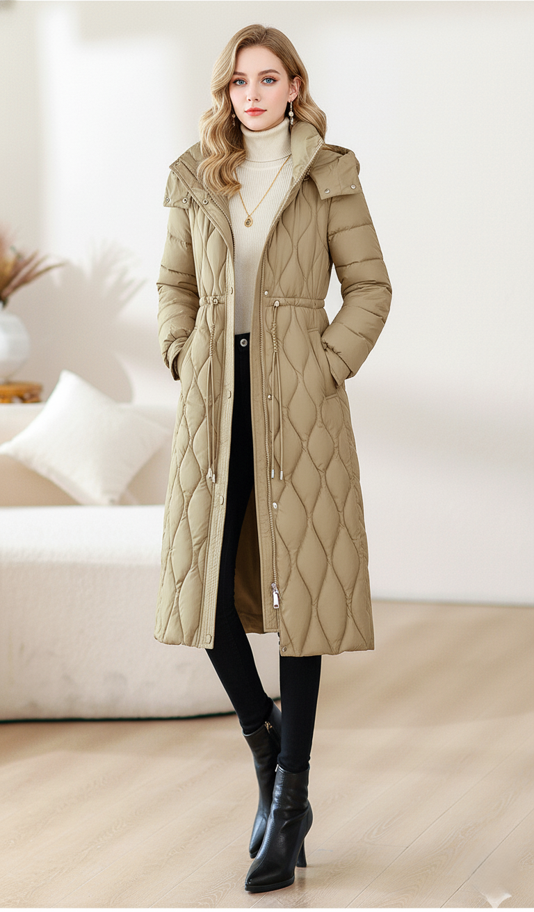 Women's Quilted Coat with Hood & Drawstring Waist | Detachable Sleeves