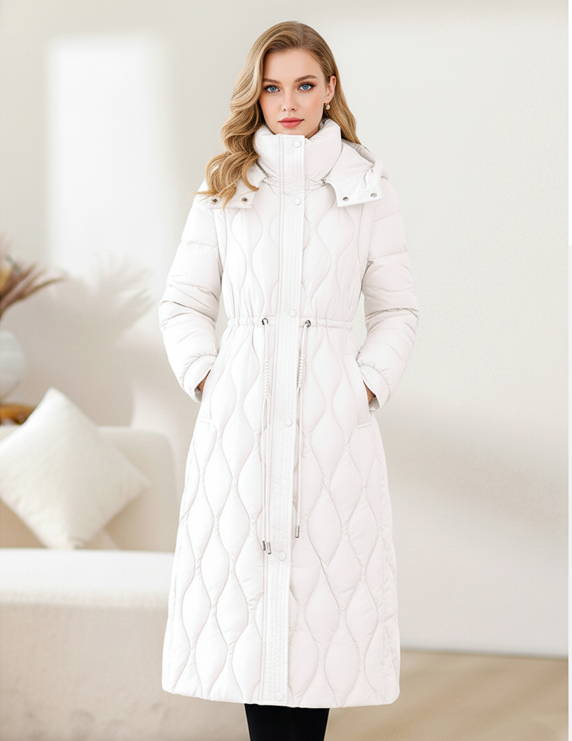 Women's Quilted Coat with Hood & Drawstring Waist | Detachable Sleeves