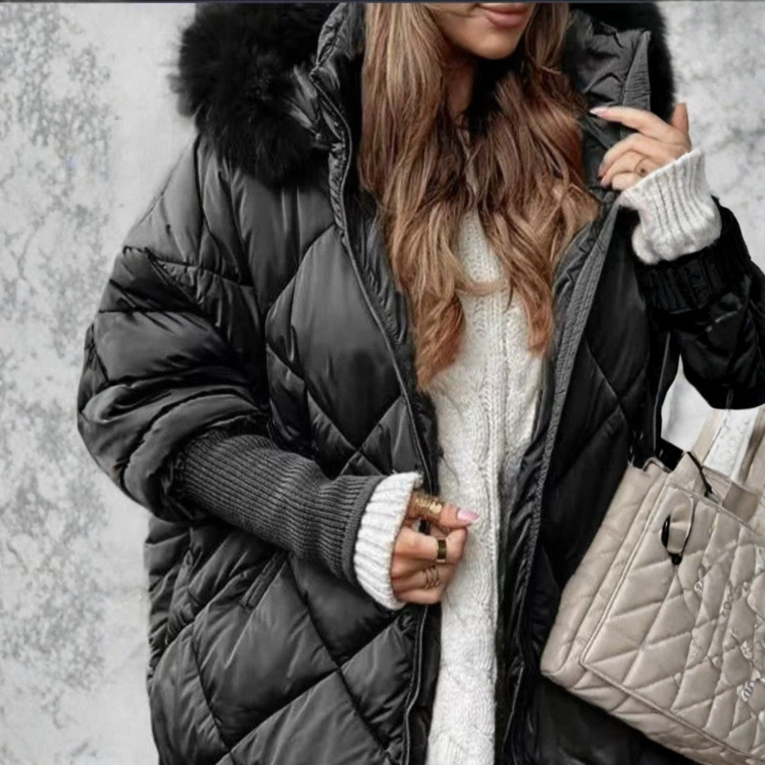 Women's Quilted Coat with Hood & Ribbed Cuffs | Winter