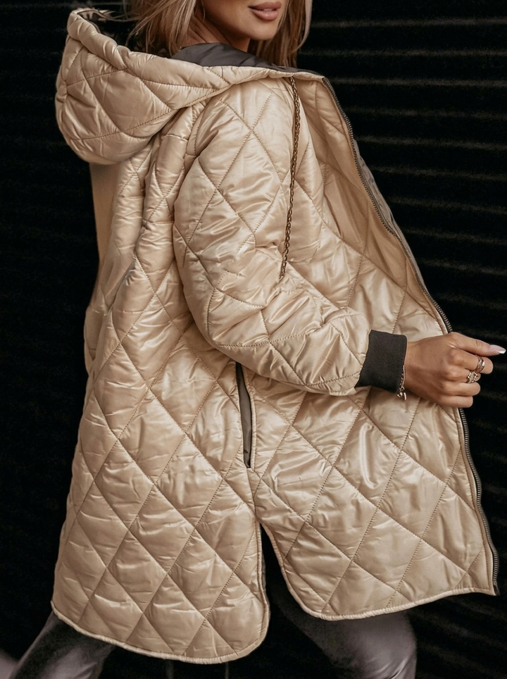 Women's Quilted Coat with Hood & Zip Front | Long