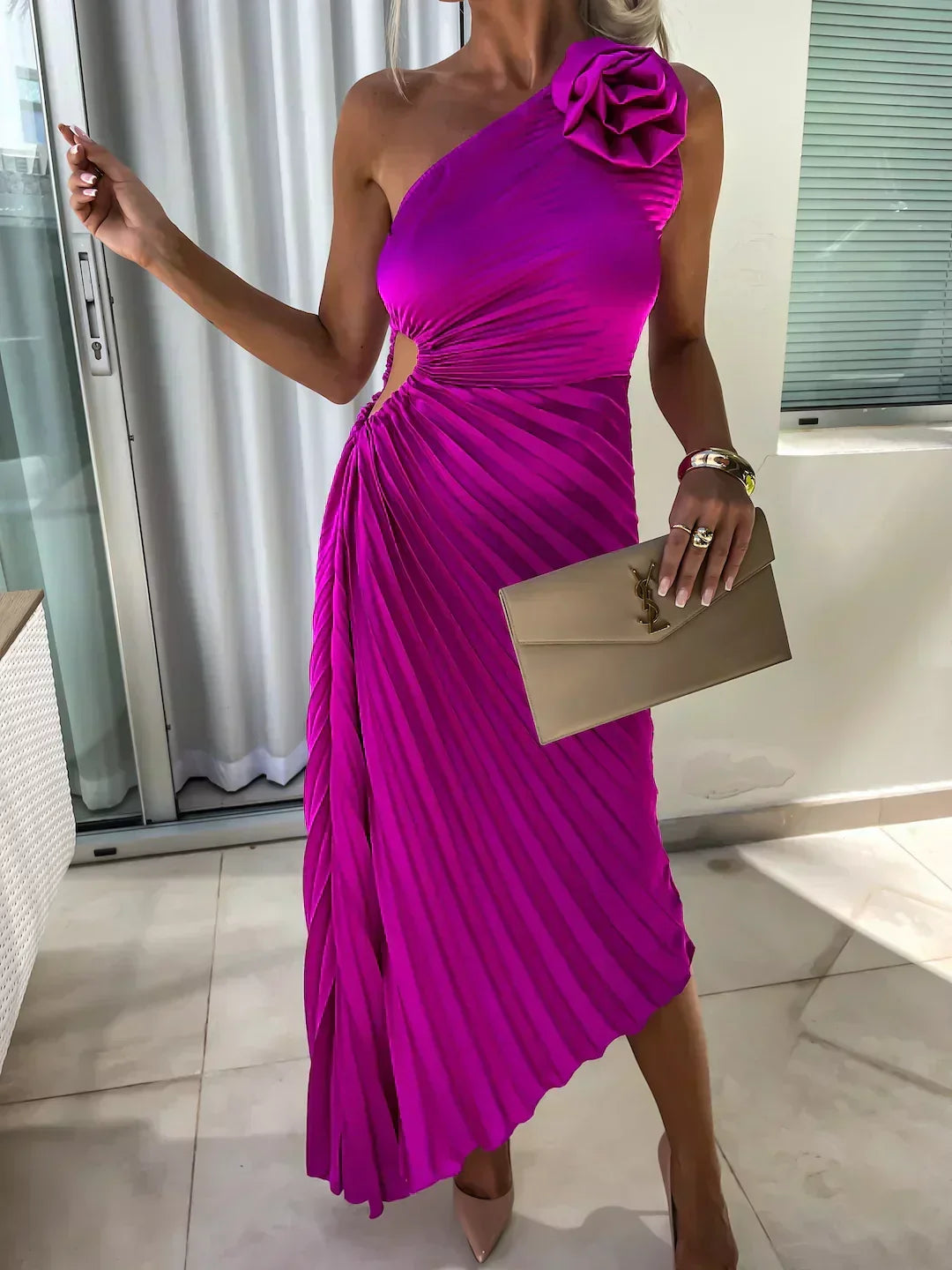 Women's Race Dress with 3D Rosette & Pleats | One Shoulder Maxi