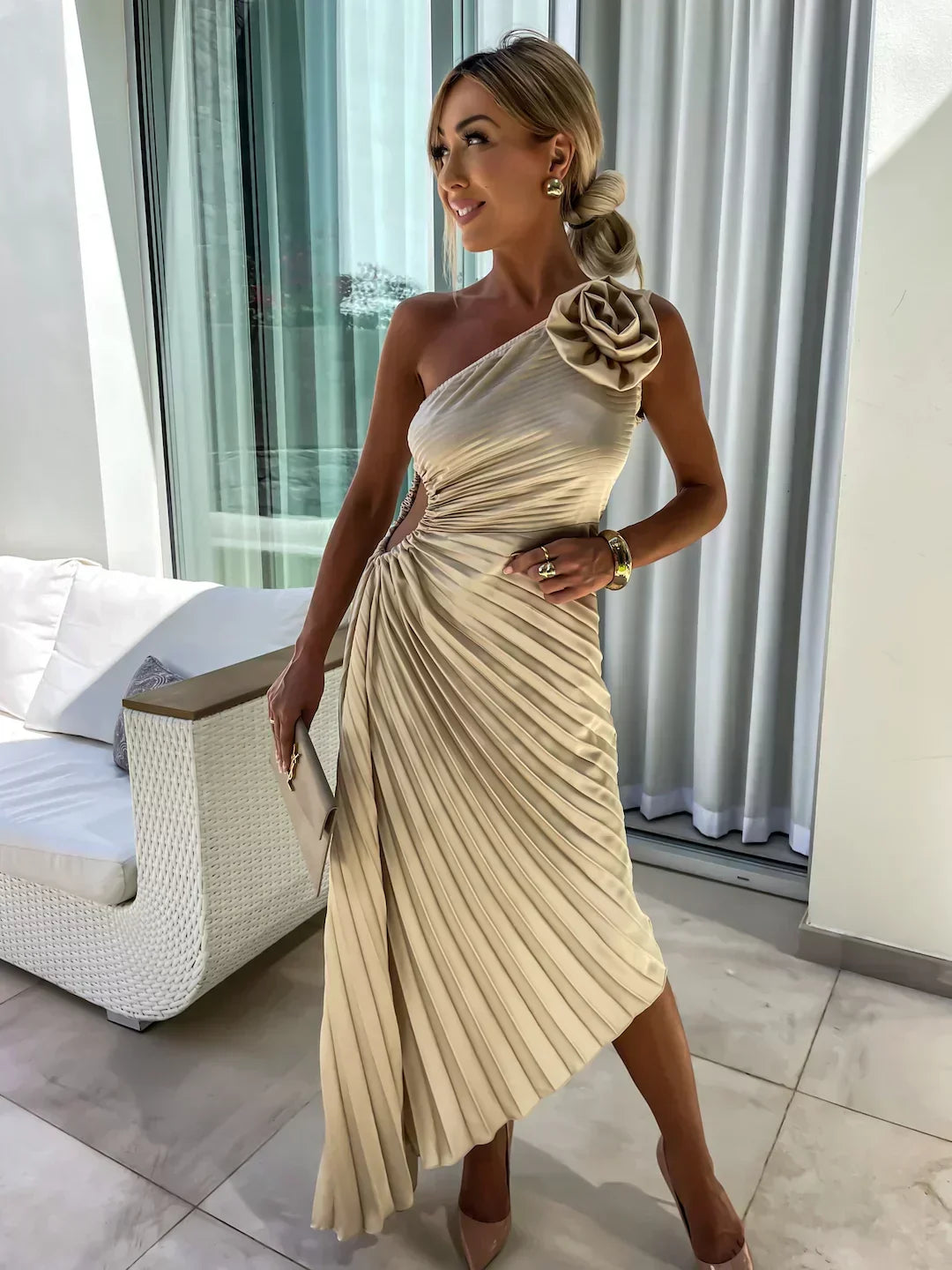 Women's Race Dress with 3D Rosette & Pleats | One Shoulder Maxi