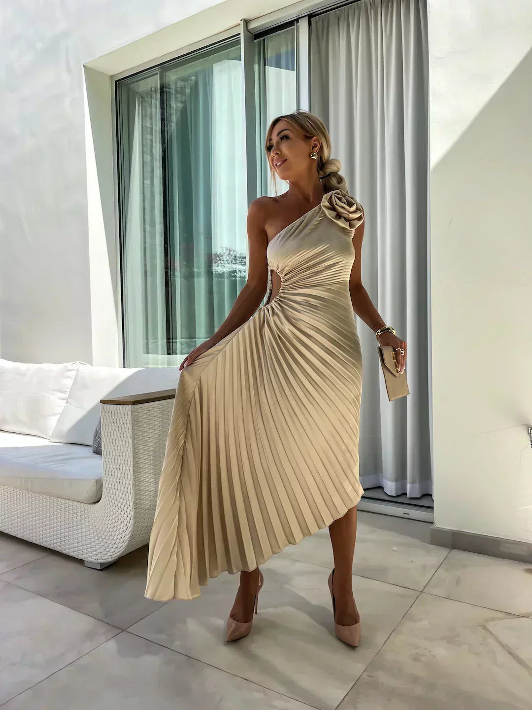 Women's Race Dress with 3D Rosette & Pleats | One Shoulder Maxi