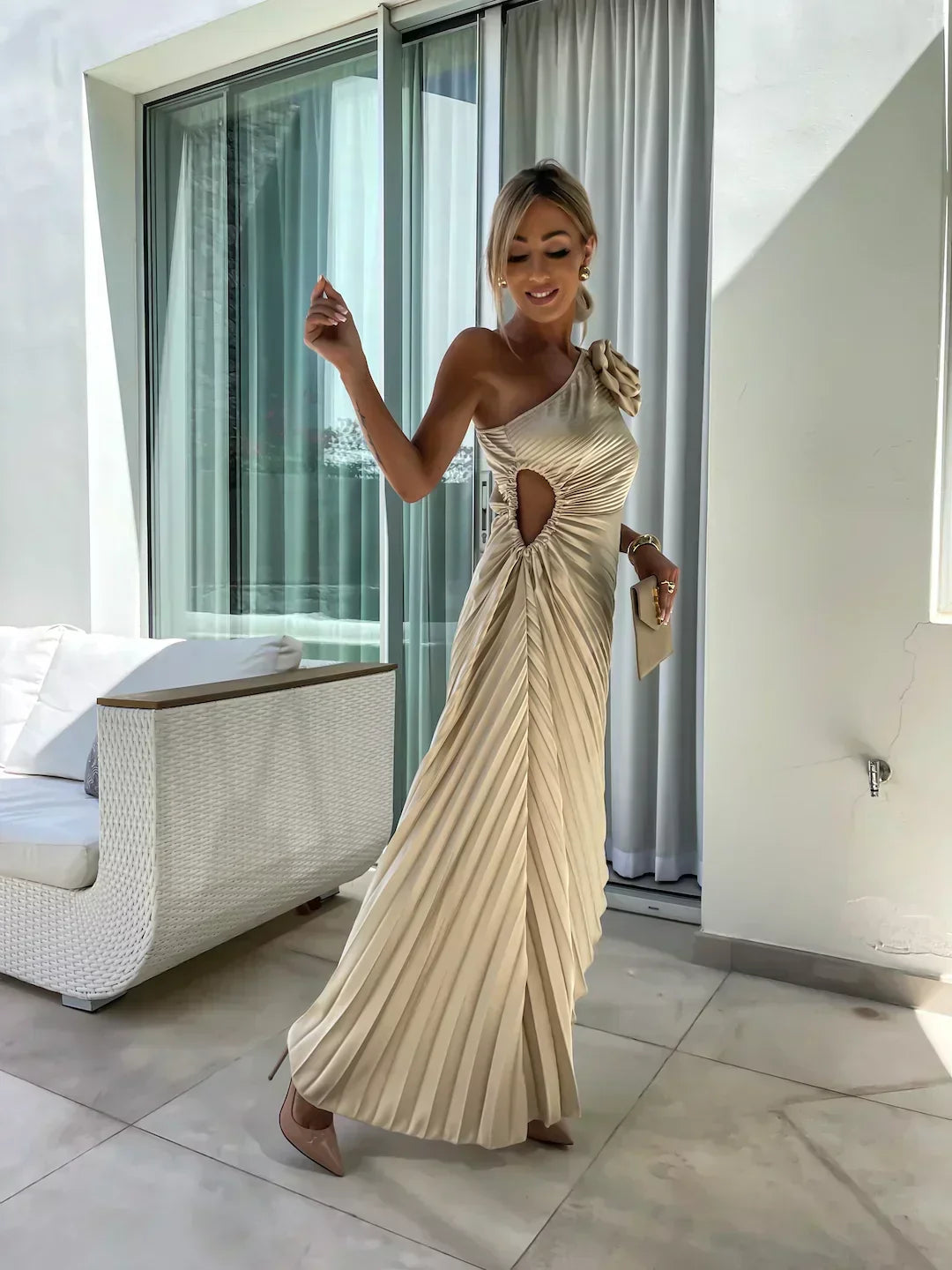 Women's Race Dress with 3D Rosette & Pleats | One Shoulder Maxi