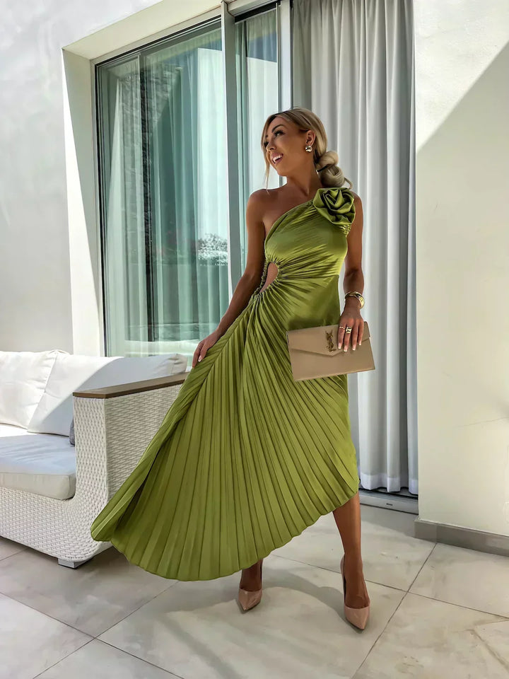 Women's Race Dress with 3D Rosette & Pleats | One Shoulder Maxi