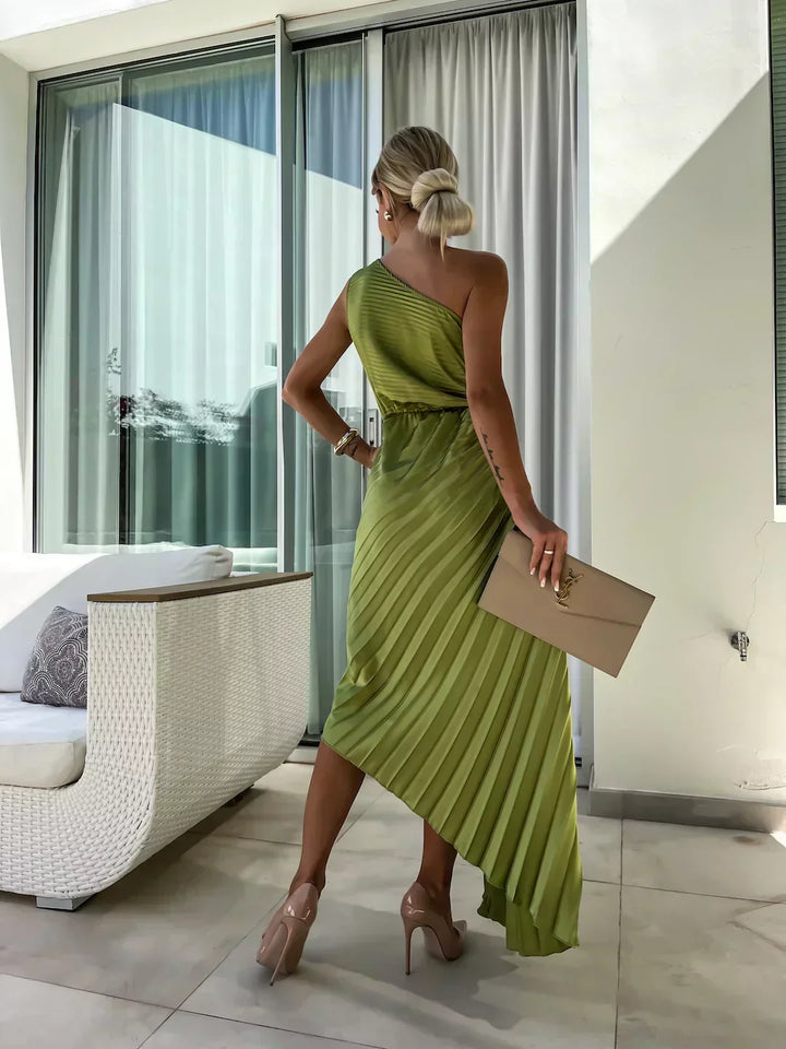 Women's Race Dress with 3D Rosette & Pleats | One Shoulder Maxi