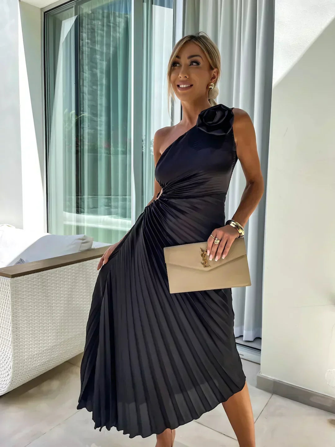 Women's Race Dress with 3D Rosette & Pleats | One Shoulder Maxi