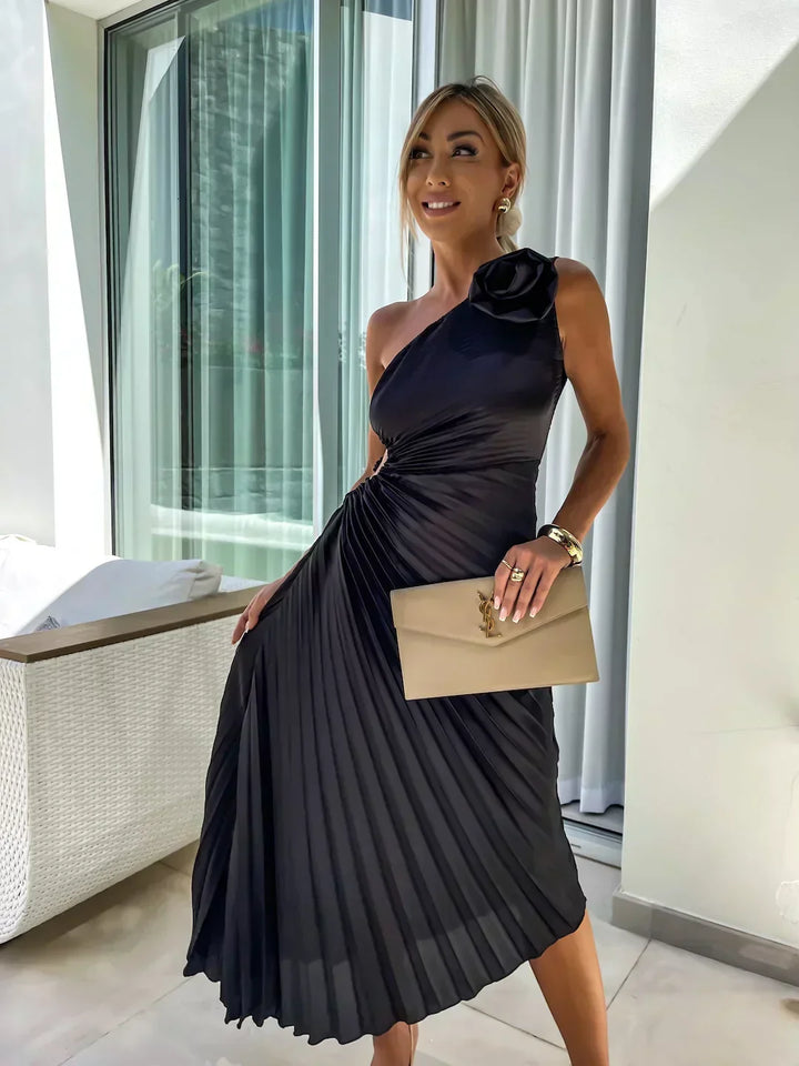 Women's Race Dress with 3D Rosette & Pleats | One Shoulder Maxi