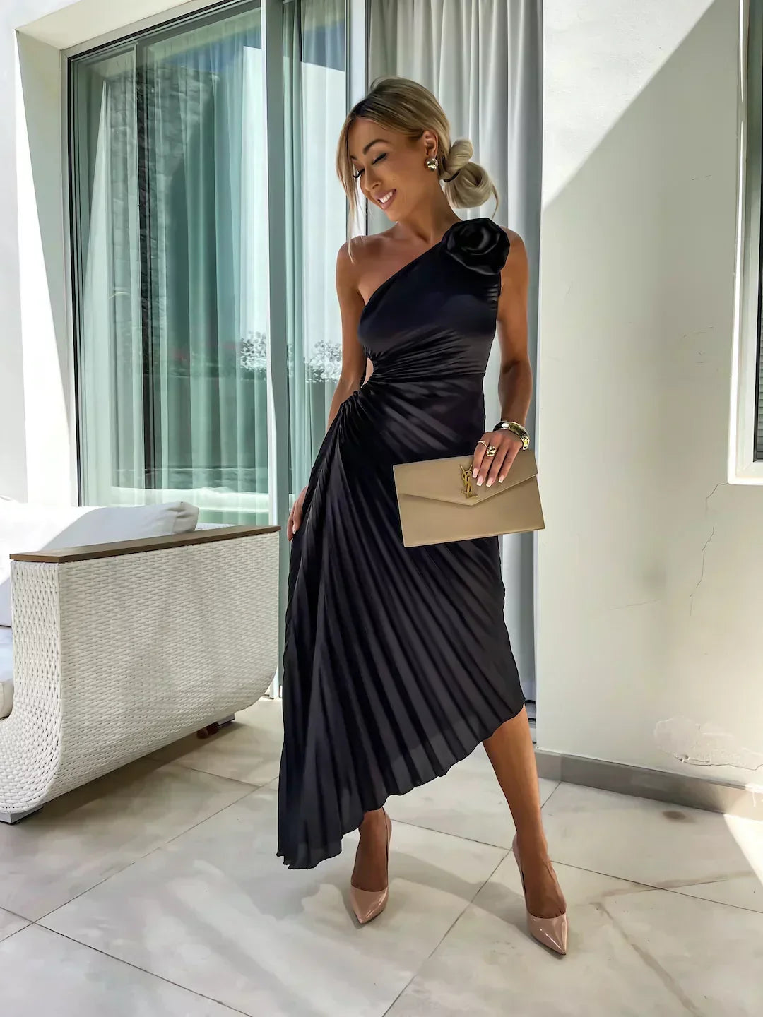 Women's Race Dress with 3D Rosette & Pleats | One Shoulder Maxi