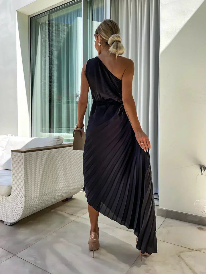 Women's Race Dress with 3D Rosette & Pleats | One Shoulder Maxi