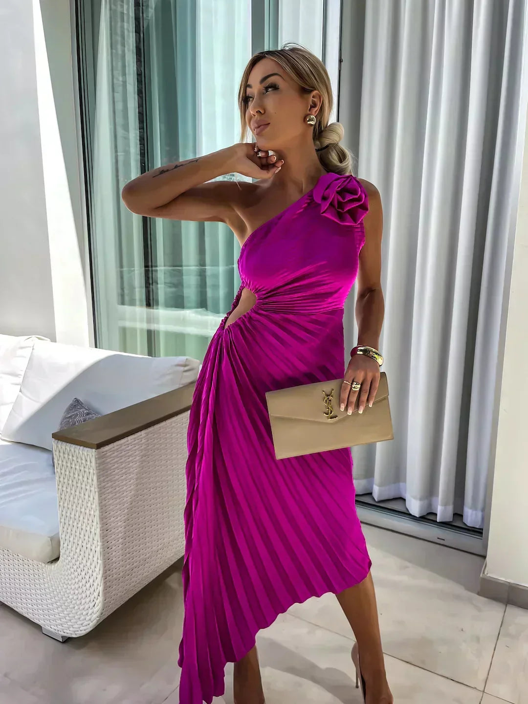 Women's Race Dress with 3D Rosette & Pleats | One Shoulder Maxi