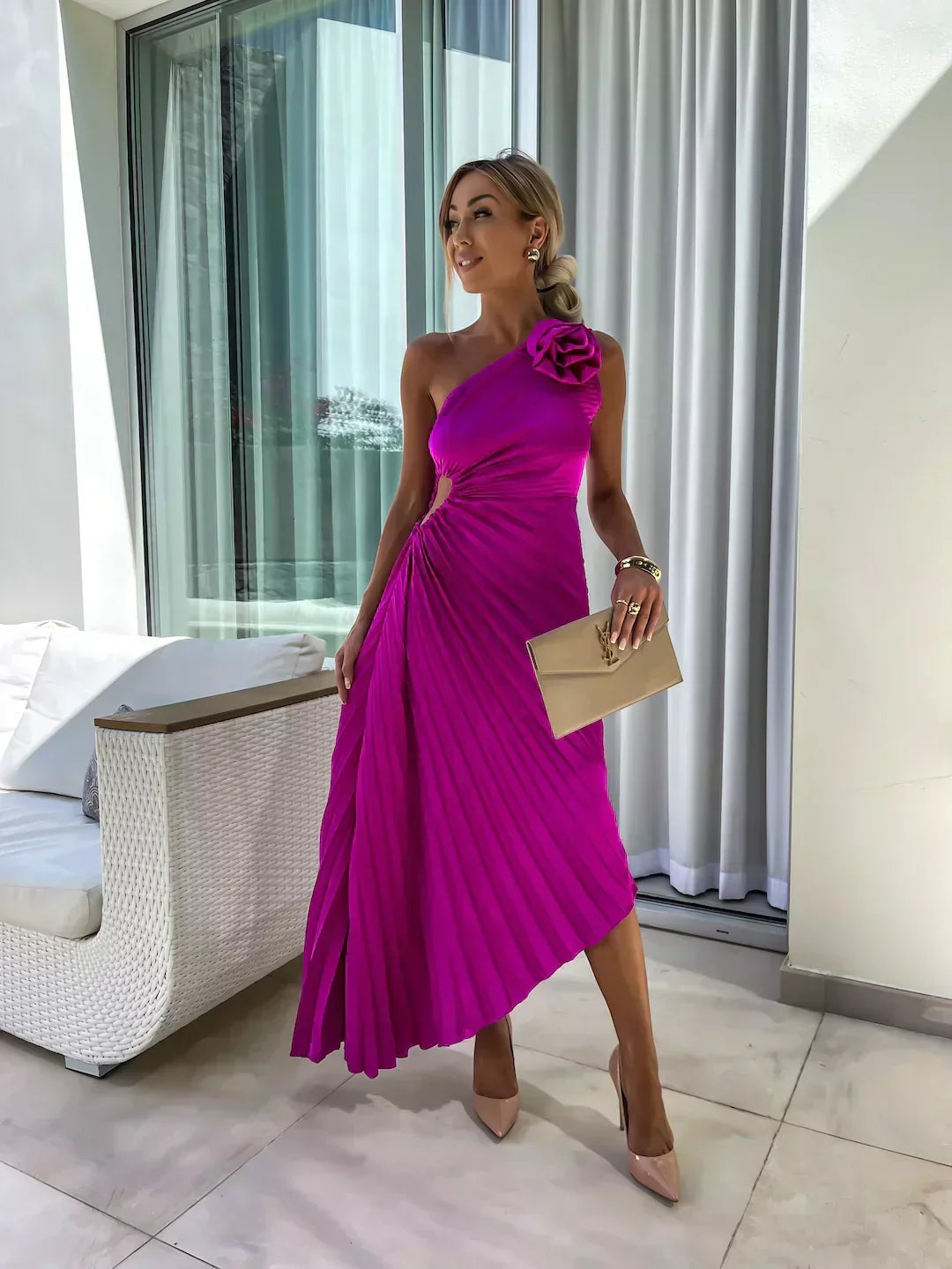 Women's Race Dress with 3D Rosette & Pleats | One Shoulder Maxi