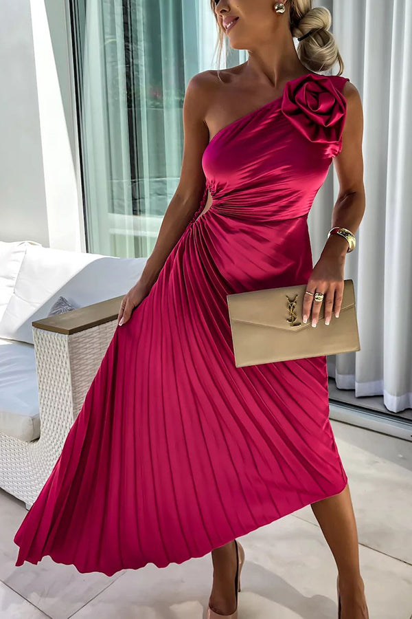 Women's Race Dress with 3D Rosette & Pleats | One Shoulder Maxi