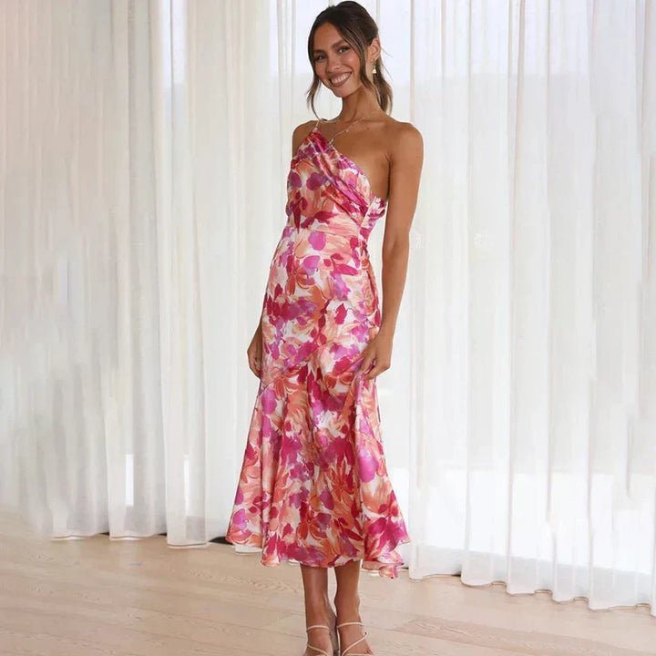 Women's Race Dress with One Shoulder & Floral | Midi