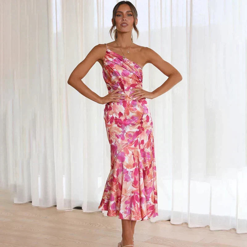 Women's Race Dress with One Shoulder & Floral | Midi