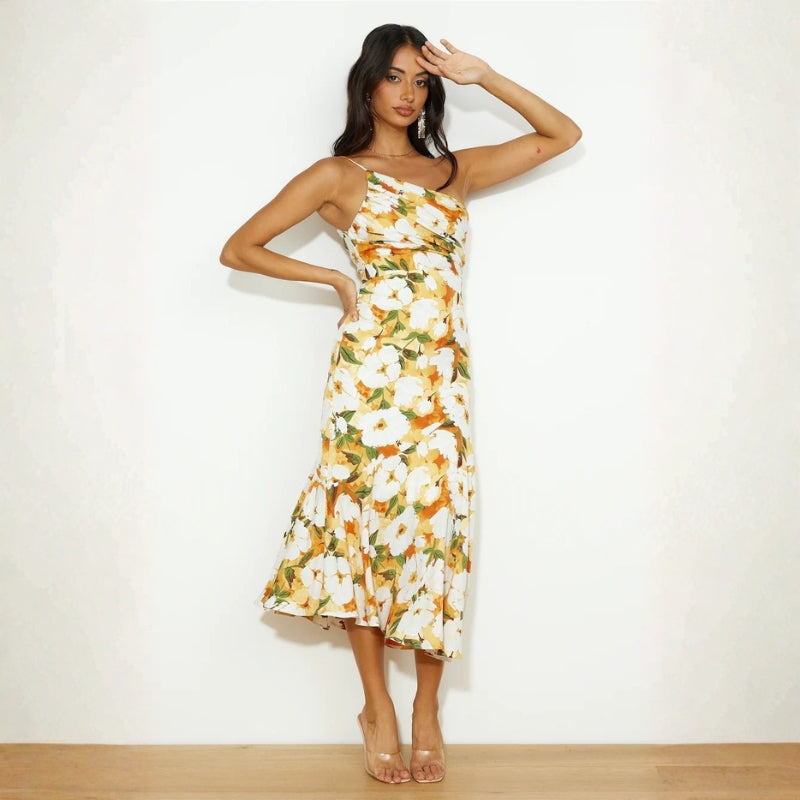 Women's Race Dress with One Shoulder & Floral | Midi