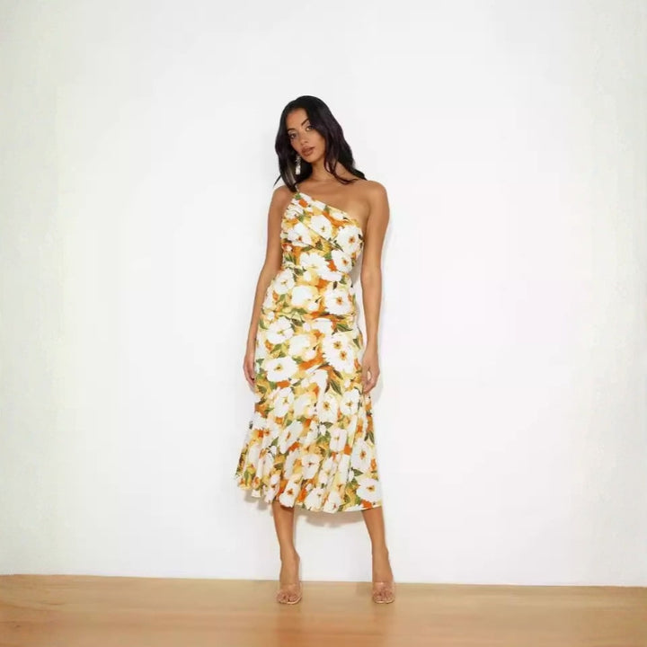Women's Race Dress with One Shoulder & Floral | Midi