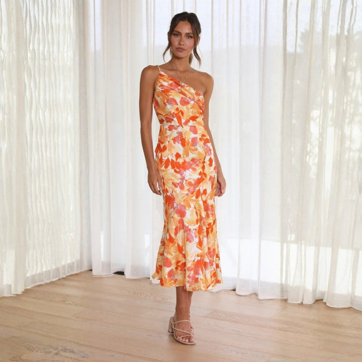 Women's Race Dress with One Shoulder & Floral | Midi