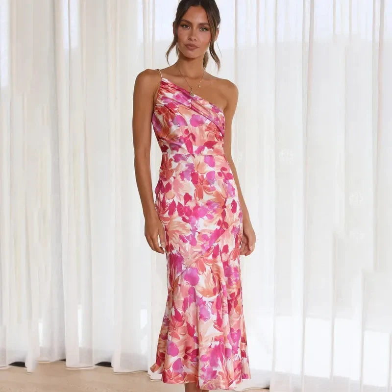 Women's Race Dress with One Shoulder & Floral | Midi