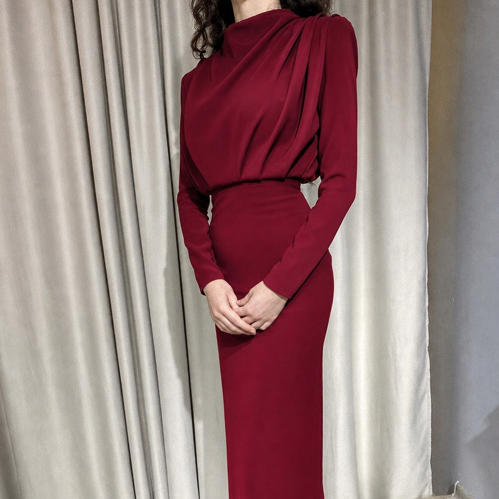 Women's Race Dress with Pleated Shoulder & High Neck | Maxi