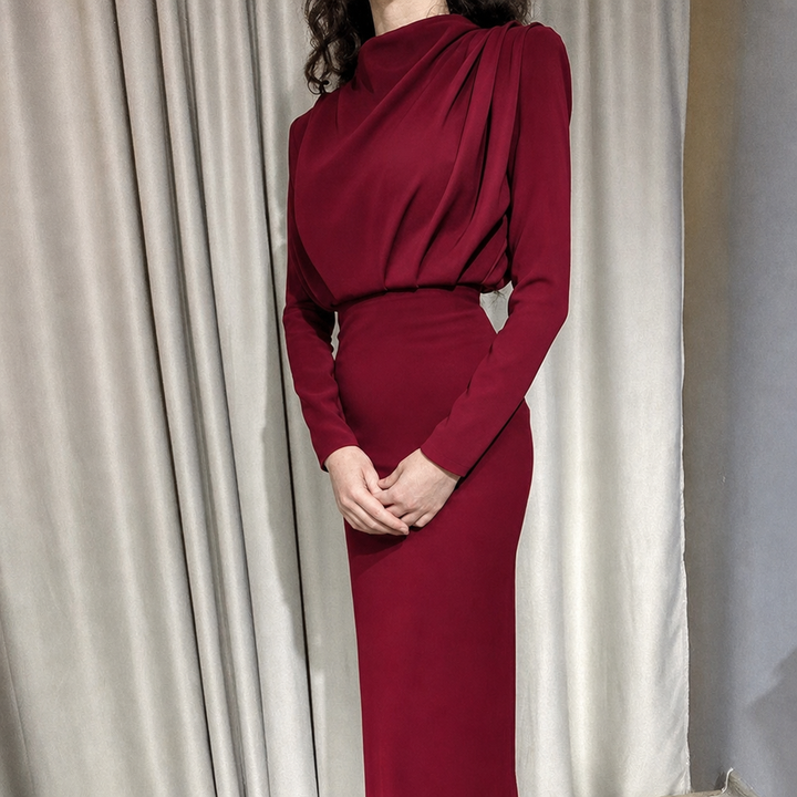 Women's Race Dress with Pleated Shoulder & High Neck | Maxi