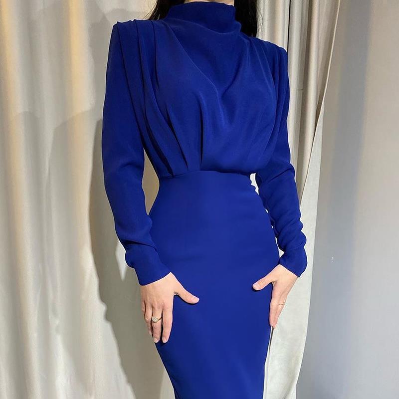 Women's Race Dress with Pleated Shoulder & High Neck | Maxi