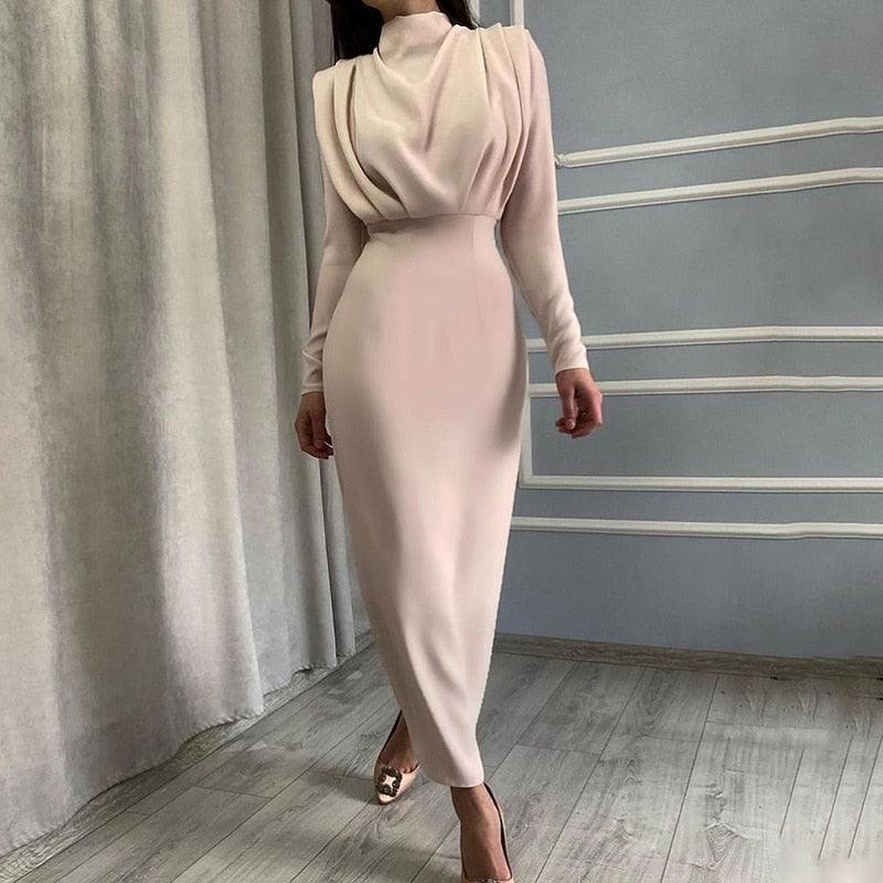 Women's Race Dress with Pleated Shoulder & High Neck | Maxi