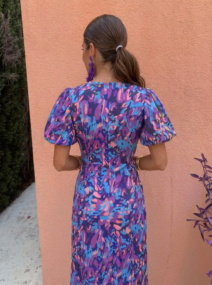 Women's Race Dress with Puff Sleeve & Floral | Midi