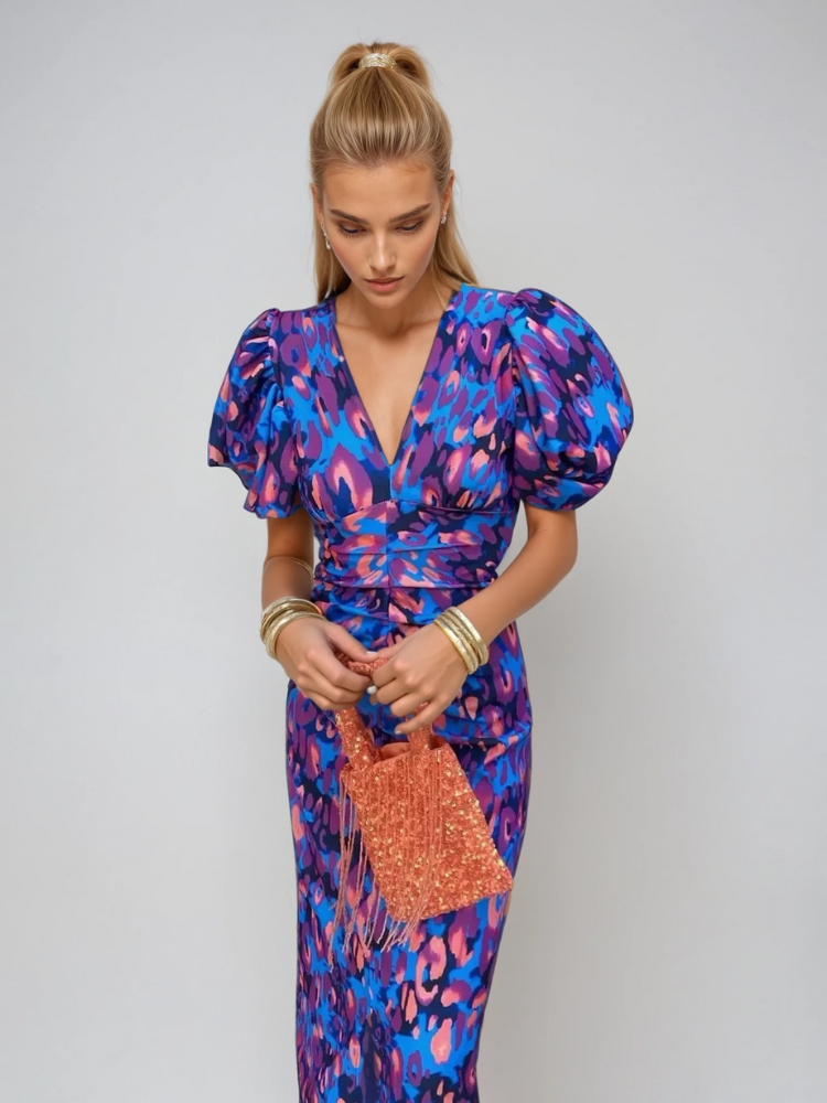 Women's Race Dress with Puff Sleeve & Floral | Midi
