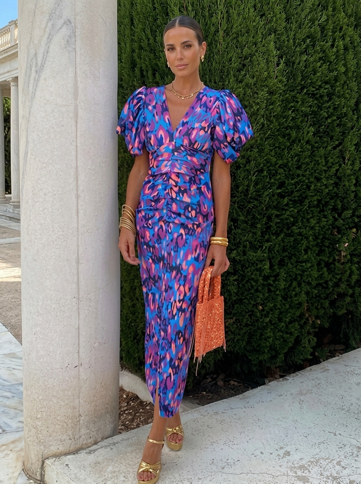 Women's Race Dress with Puff Sleeve & Floral | Midi