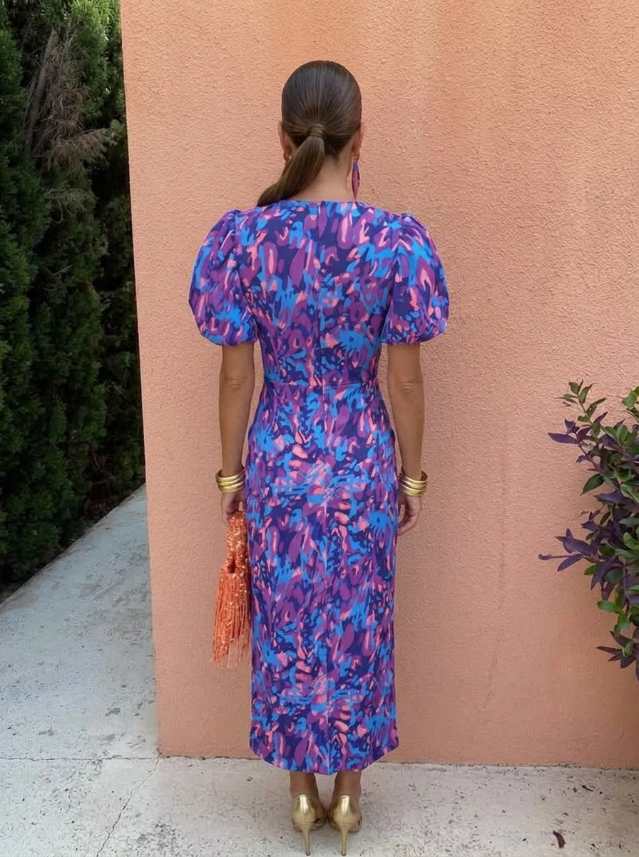 Women's Race Dress with Puff Sleeve & Floral | Midi