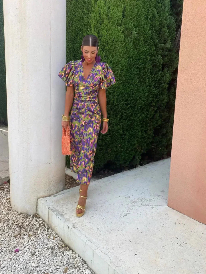 Women's Race Dress with Puff Sleeve & Floral | Midi