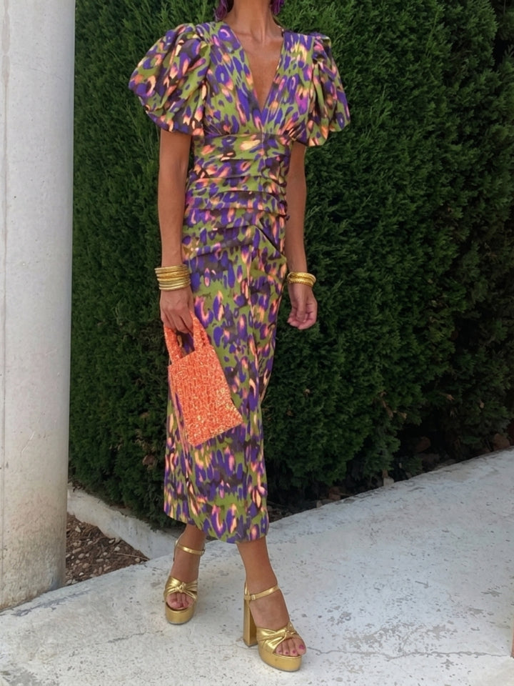 Women's Race Dress with Puff Sleeve & Floral | Midi