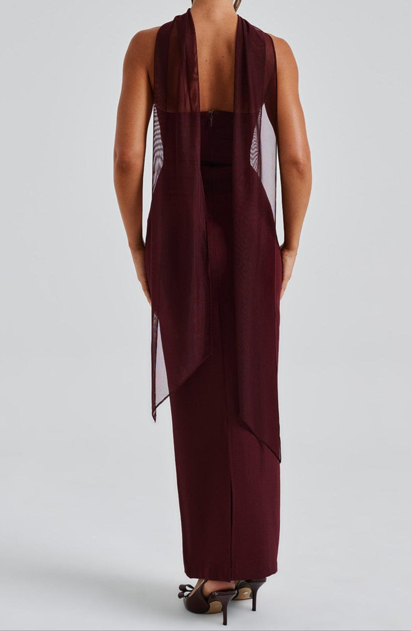 Women's Race Dress with Sheer Sleeves & Scarf Detail | Maxi