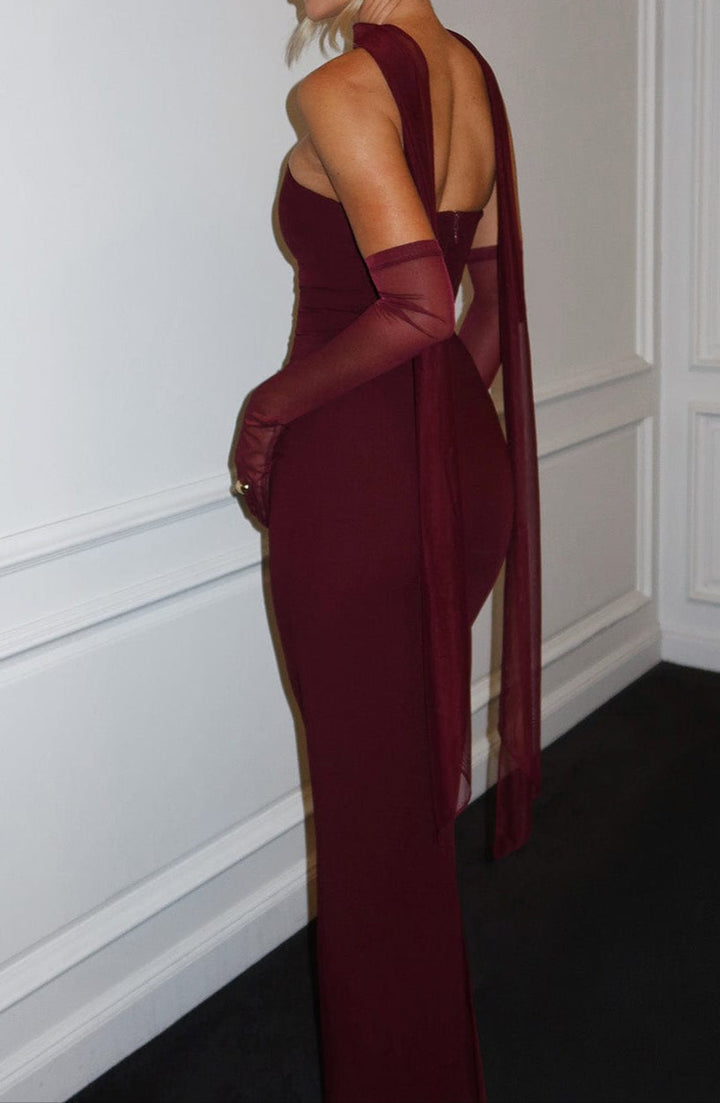 Women's Race Dress with Sheer Sleeves & Scarf Detail | Maxi